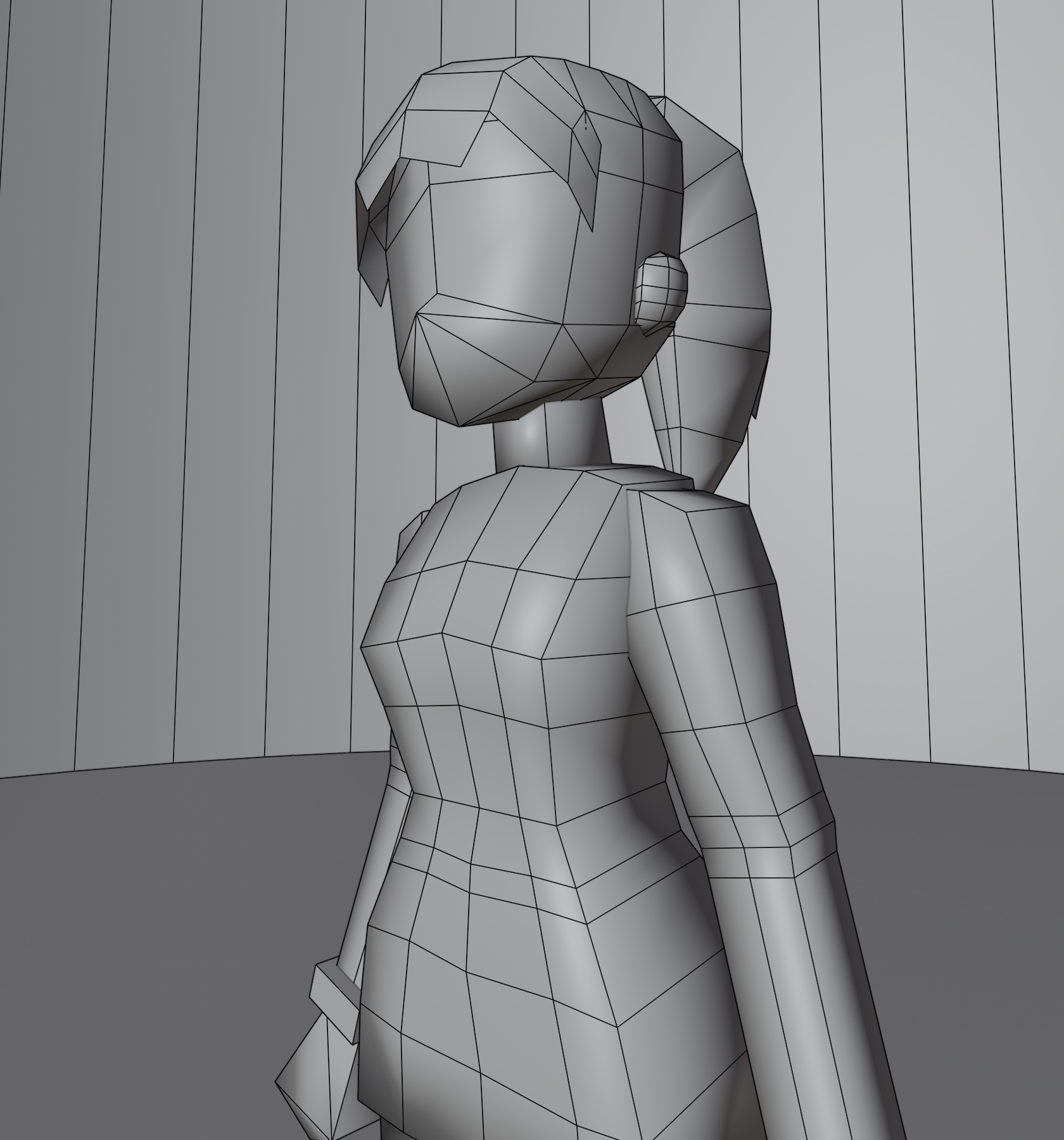 A low-poly character in Blender's wireframe view, in the middle of being made.